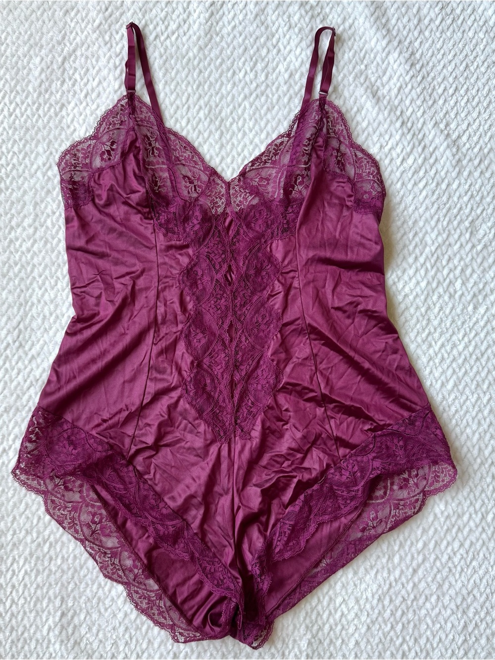 VTG 70s 80s Lace Teddy Romper Bodysuit Lingerie M L Berry Coquette USA Union